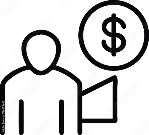 Simple line art icon of a person with a dollar sign in a circle