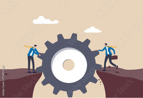 Risk management, business idea to overcome difficulty or teamwork to achieve target concept, businessman help build gear or cog as a bridge to walk over the danger cliffs.