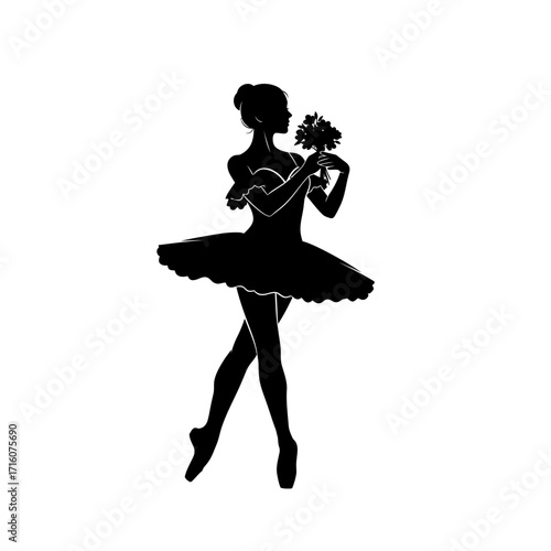 Elegant ballerina in silhouette holding flowers, a study in graceful poise