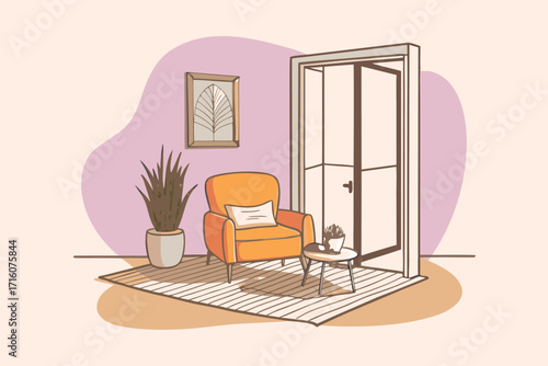 Cozy living room interior with stylish orange armchair and indoor plants, perfect for home decor inspiration