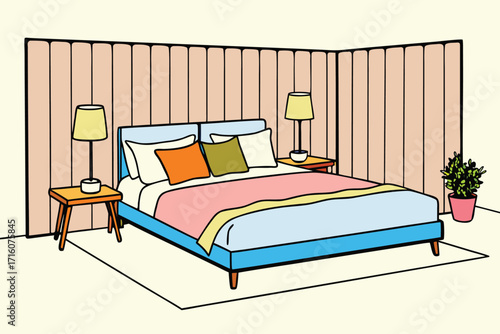 Relax in this vibrant bedroom with modern art style, a haven of serenity and peacefulness for your project