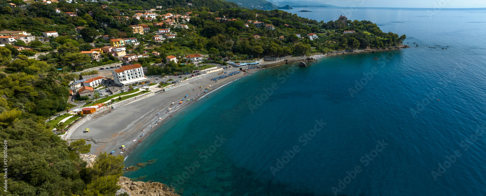Naklejka premium Panorama of the Fiumicello beach located in Maratea. It is a popular seaside resort overlooking the Mediterranean Sea in the province of Potenza, Basilicata, Italy.