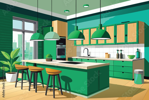 Stylish green kitchen interior with modern design, perfect for home decor and real estate marketing
