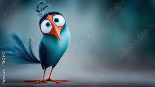 Whimsical bluebeaked bird, a cartoon character with colorful personality