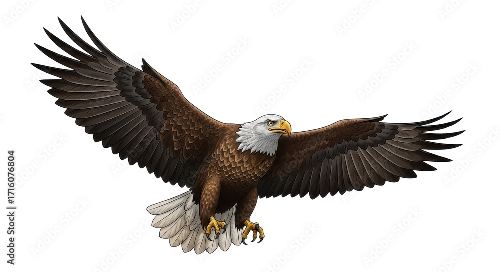 Fototapeta premium Realistic Illustration of Flying Bald Eagle with Wings Spread Isolated on White Background