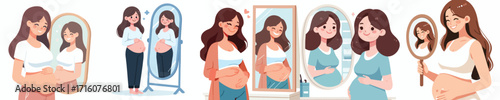 vector of a happy pregnant woman looking in the mirror