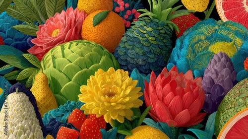 Vivid fruit and floral arrangement with intense coloring and textured surfaces