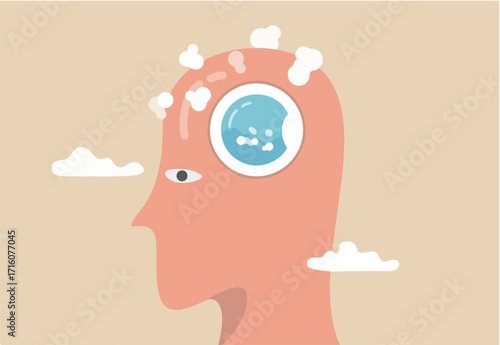 Brain wash by medias or advertising information, make someone to believe, manipulate thought, control how people think concept, human head with washing machine in action to clean his brain. 