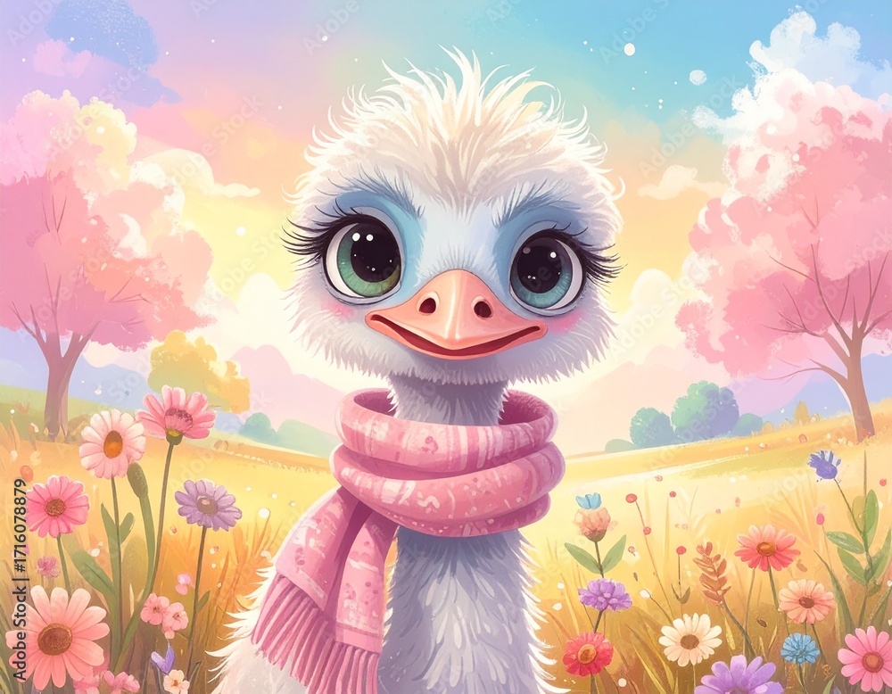 Obraz premium Funny ostrich with scarf standing in sunny meadow