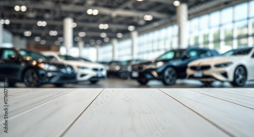Empty wood table top with cars in showroom car dealership blurred defocused background for product display montage.
