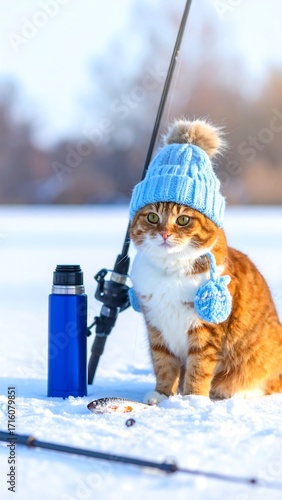 Ginger cat in blue hat fishing on ice