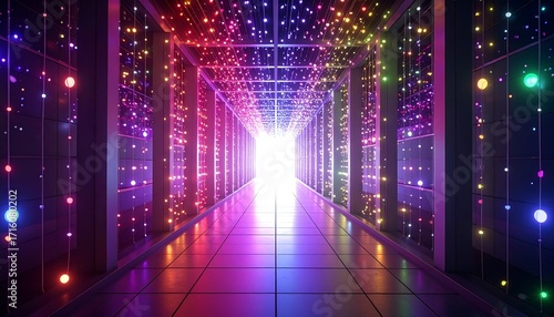 Futuristic data center tunnel, brightly lit with colorful nodes and glowing lights, leading towards an illuminating end