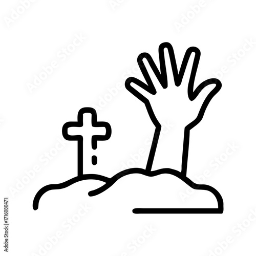Hand emerging from grave with cross, concept of Halloween  