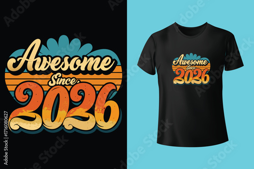 2026 is coming text design with colorful typography and t shirt mockup