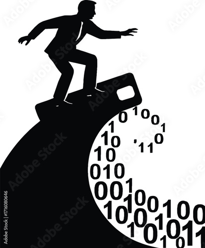 Businessman surfing on credit card wave with binary code vector illustration