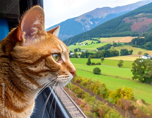 Ginger cat looks out train window at a scenic landscape