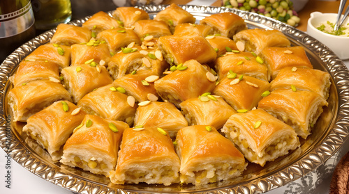 Baklava: golden pastries with pistachios and almonds, often arranged on ornate
trays.