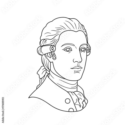 Head of a noble European from the 18th century wearing a wig, line drawing  