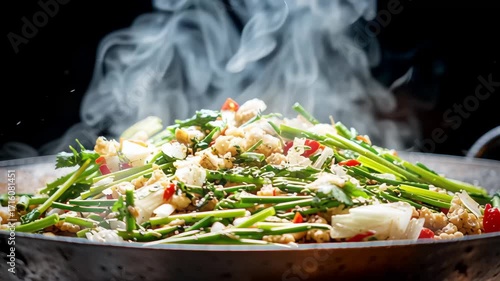 Fresh Vegetables Stir-Fried in a Wok with Steaming Aromas and Bright Colors in a Kitchen Setting