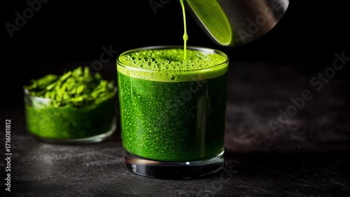 Fresh Green Smoothie Being Poured into Glass with Greens in Background on Dark Surface