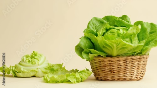 Fresh Green Lettuce in a Woven Basket with Bright Background for Healthy Cooking or Salad Preparation