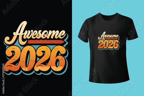 2026 is coming text design with colorful typography and t shirt mockup