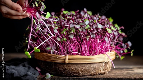 Fresh Microgreens in Rustic Basket with Hands Plucking Edible Plants Against Dark Background