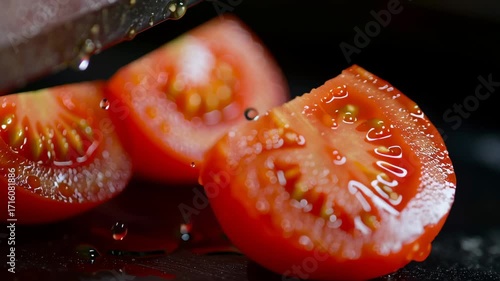 Freshly Cut Juicy Tomato Slices with Water Droplets on Modern Cutting Board in Professional Kitchen Setting