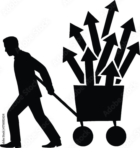 Silhouette of a man pulling a shopping cart filled with upward pointing arrows trolley