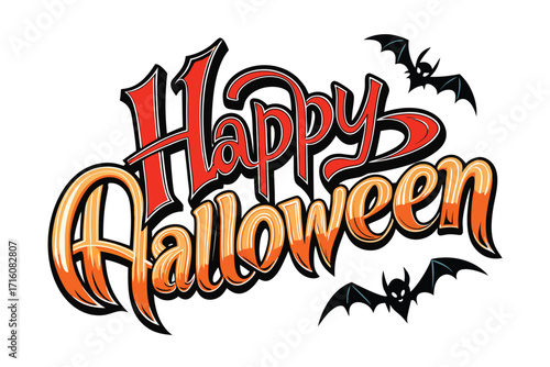 Happy Halloween vector text banner illustration. Happy Halloween design, background graphic. Featuring black and orange bats suitable for placing over Halloween cards, social media and poster