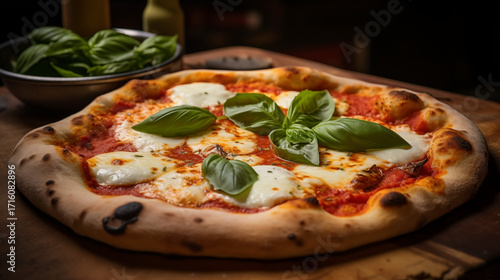 Gros plan sur une pizza margherita avec du fromage mozzarella, de la sauce tomate et des feuilles de basilic. Repas traditionnel italien cuit au feu de bois. Nourriture, délicieux, Italie. 