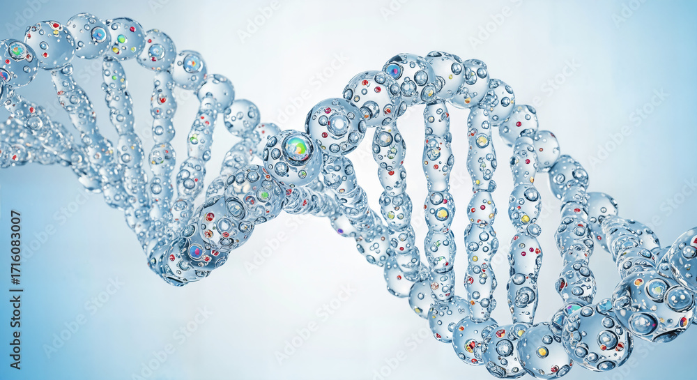 Obraz premium A 3d render of a dna double helix structure made of water droplets and bubbles, against a soft blue gradient background