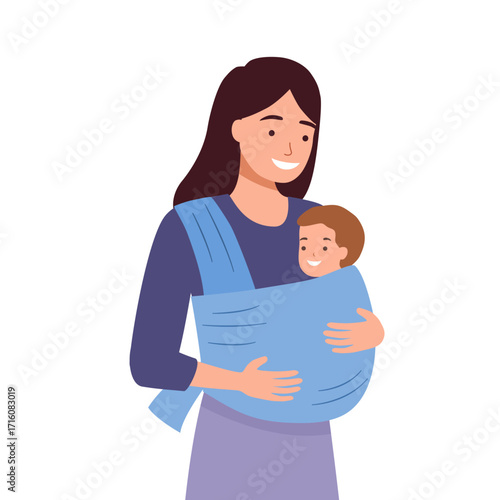 Mother carrying their kid in slings lifestyle concept. Positive young women mothers carrying their reborn children in cotton sling, babies feeling love and protection from mother vector illustration