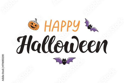 Happy Halloween vector text banner illustration. Happy Halloween design, background graphic. Featuring black and orange bats suitable for placing over Halloween cards, social media and poster
