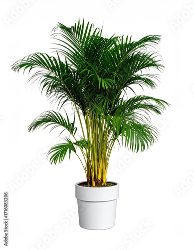 A lush, green, indoor parlor palm in a simple white pot, isolated on a white background; vibrant foliage and yellow-tinged stems