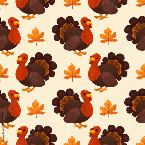 Vector seamless pattern with turkey on light background. Thanksgiving. Autumn holidays.