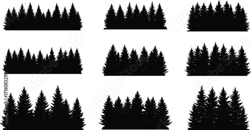 Coniferous Tree Cluster Silhouettes in Vector Format for Forest, Nature, Landscape, Winter, and Outdoor Design Elements and Backgrounds