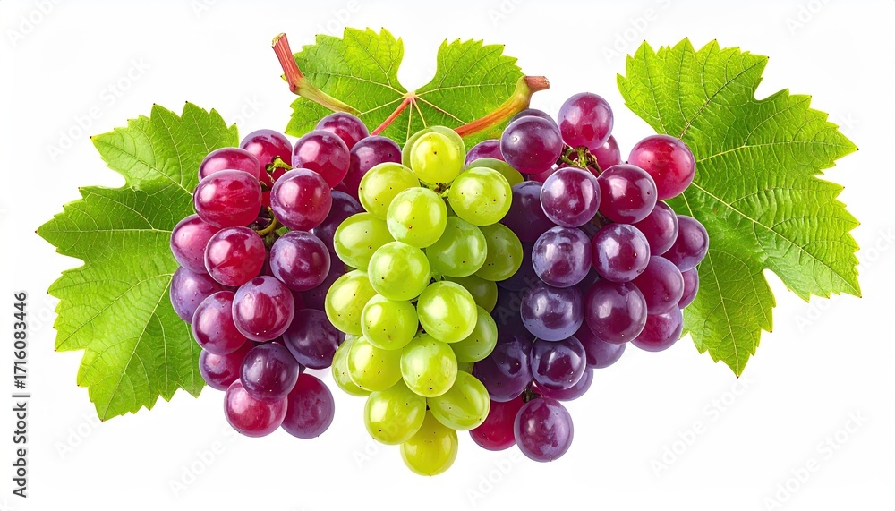 Obraz premium Three grape clusters?red, green, and purple?with vibrant leaves, isolated on a white background