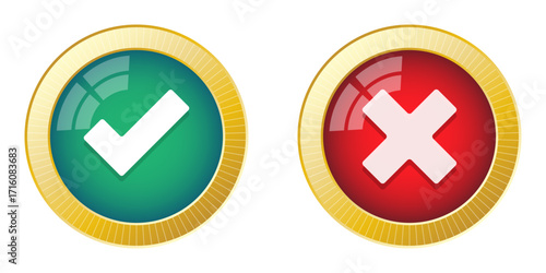 Golden Glossy green checkmark and red cross vector icons. Perfect approval and rejection symbols,  buttons, Isolated on transparent background. tick and cross buttons