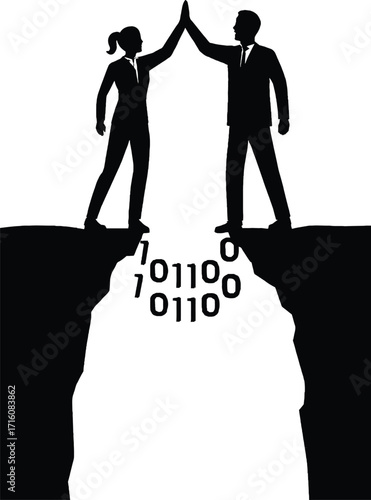 Silhouettes of business people high-fiving across a chasm bridged by binary code high five success