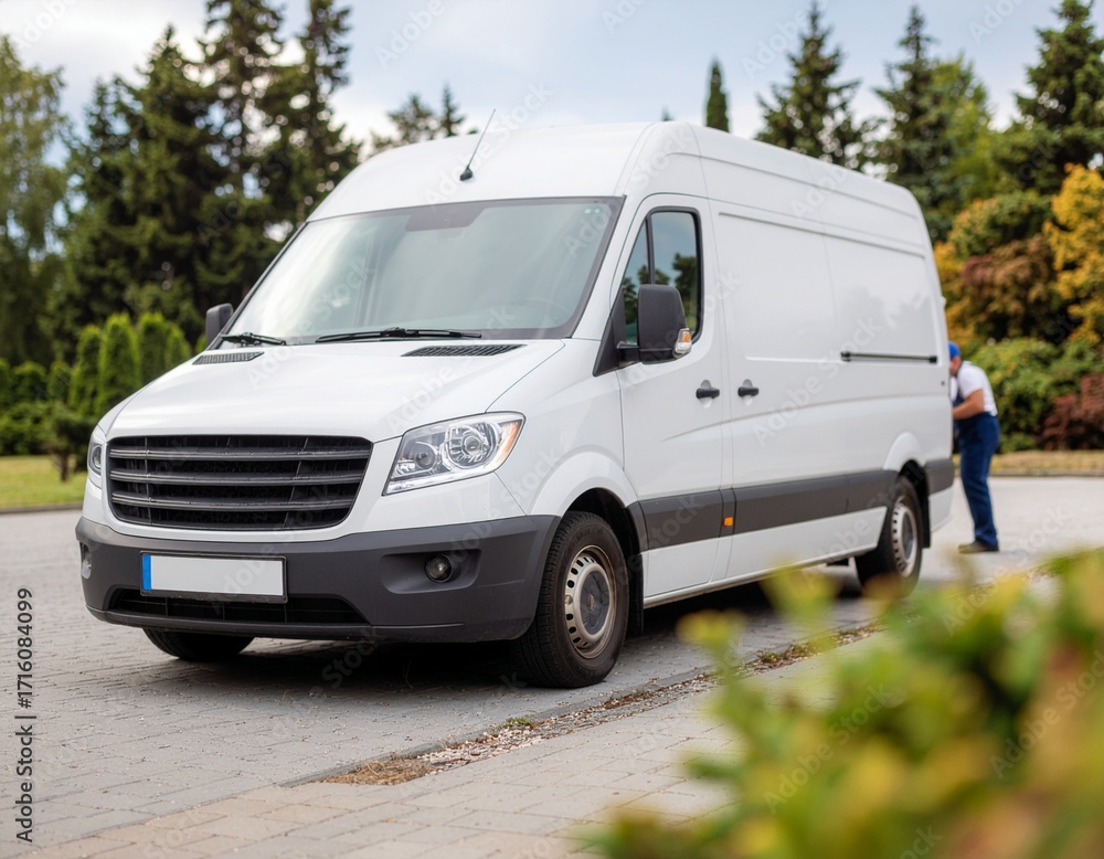 Naklejka premium Car Detailing Van and Technician Working on Vehicle at Home Service Photography