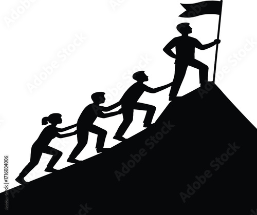 Silhouettes of people climbing a mountain towards a flag on a white background Keywords: people, climbing, mountain, summit, flag, leadership, teamwork, success, goal, achievement, journey