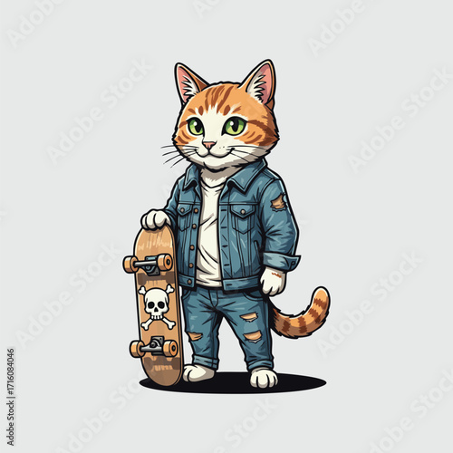 Cool cat dressed in denim holding a skateboard with a skull and crossbones art