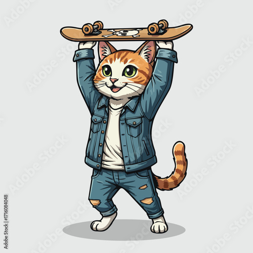 Cool cat holding a skateboard above its head wearing a denim jacket and jeans