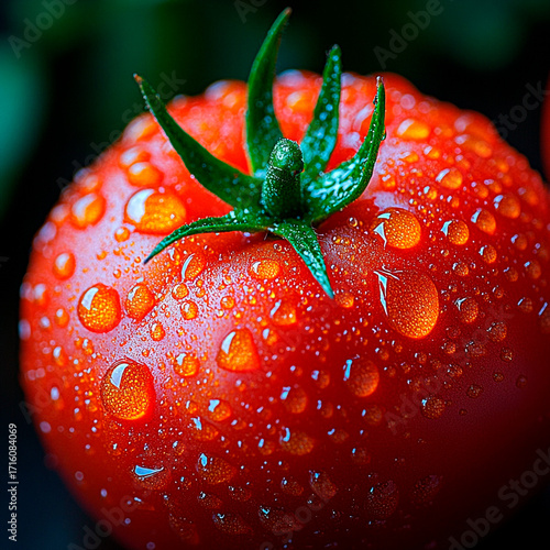 Close-up of a fresh red tomato covered in water droplets on a dark background