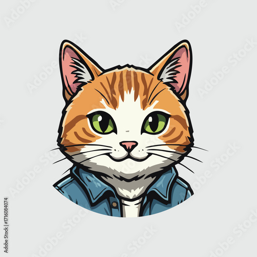 Cartoon cat with green eyes wearing a denim jacket against a light gray background
