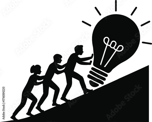 Team pushing a giant lightbulb uphill symbolizing teamwork and innovation idea