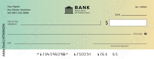 Empty money cheque. Bank check. check book template with pattern and blank fields. Currency payment coupon, US dollar check background.	