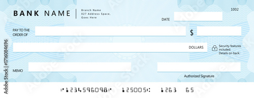 Empty money cheque. Bank check. check book template with pattern and blank fields. Currency payment coupon, US dollar check background.