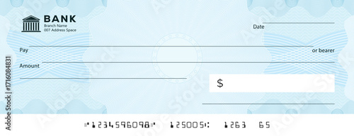 Empty money cheque. Bank check. check book template with pattern and blank fields. Currency payment coupon, US dollar check background.	